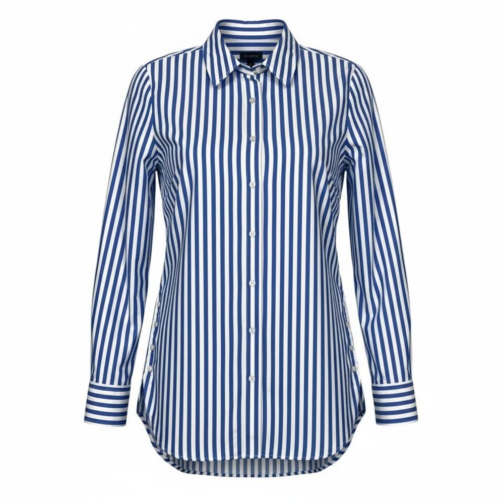 Talbots Women's Size M Side Button Boyfriend Shirt Long Cotton Blue White Stripe